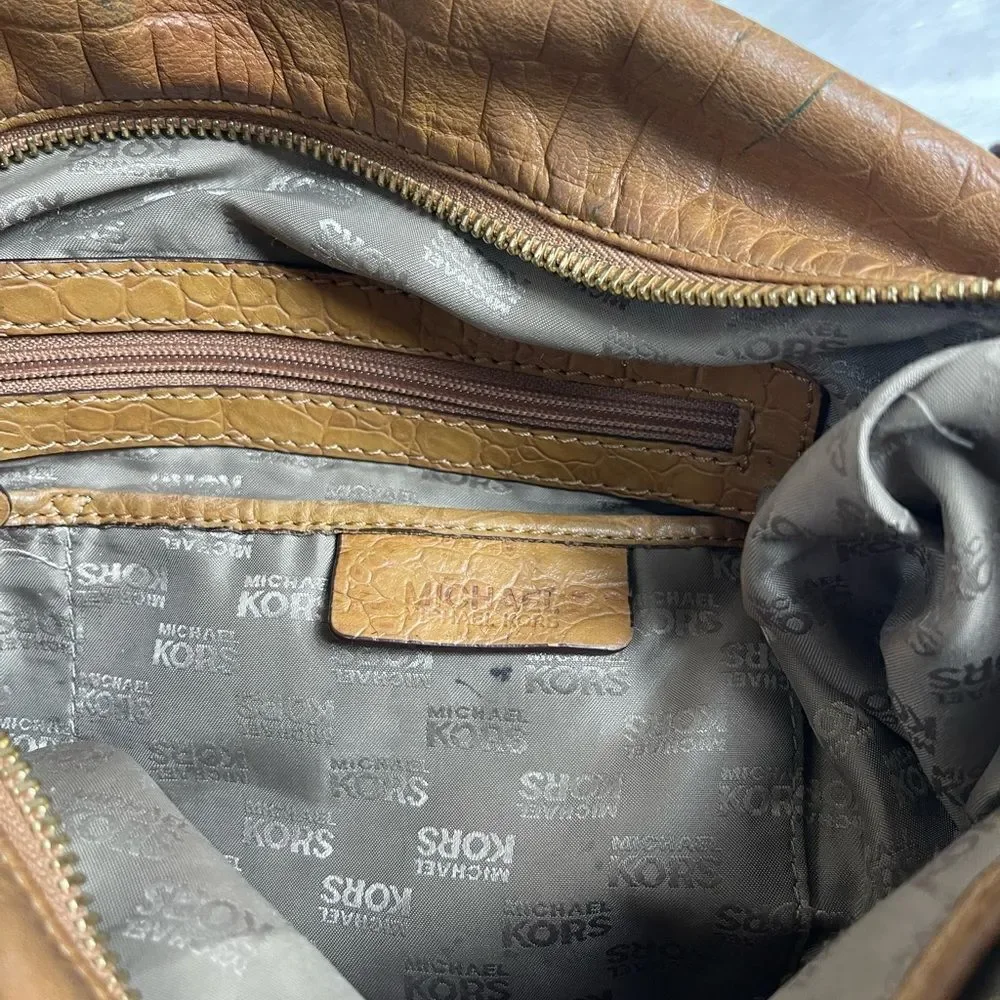 Michael Kors Tan leather crocs embossed shoulder bag with gold tone hard…